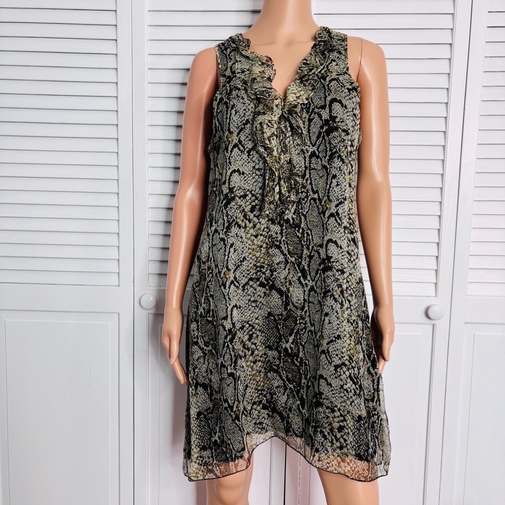 LINQ Silk Ruffle V-Neck Snakeskin Print Sleeveless Dress Size Medium